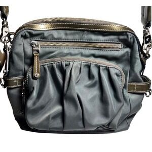 MZ Wallace Charcoal‎ Gray Nylon Shoulder Crossbody Bag Olive Patent Trim Purse